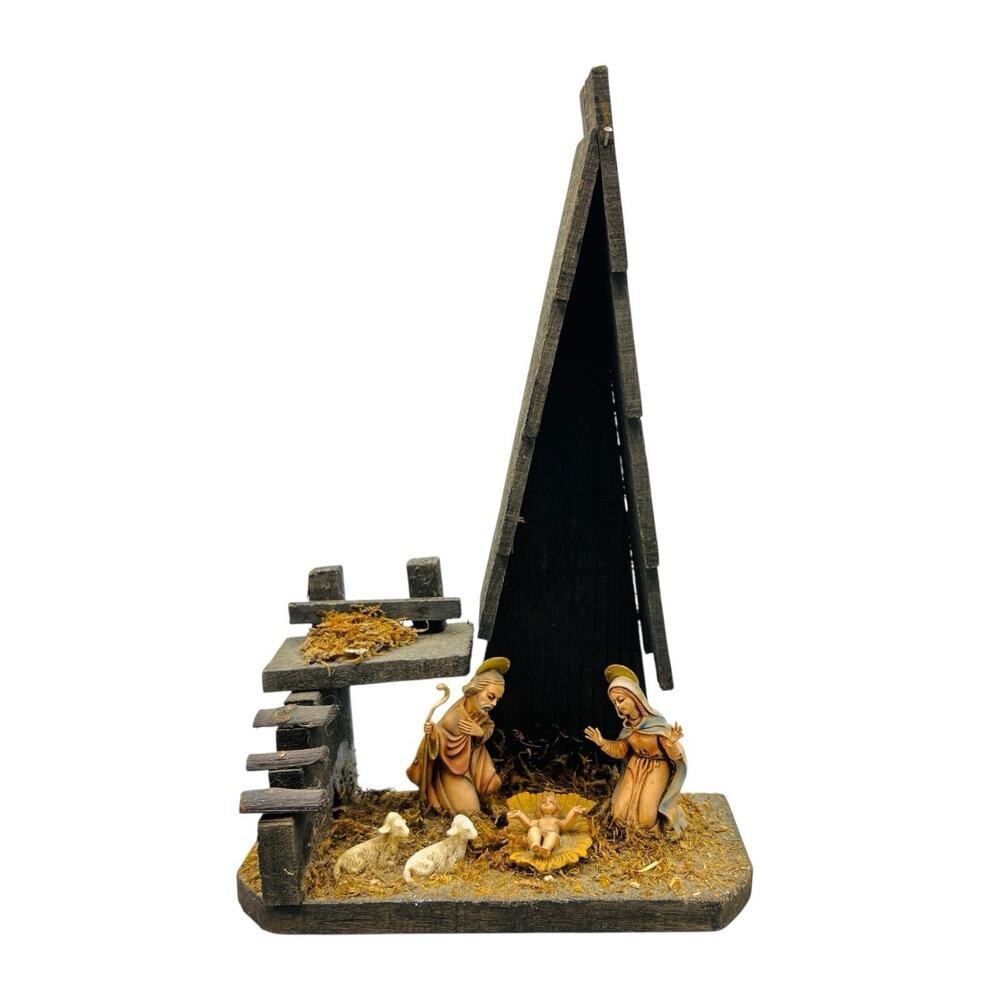 MCM Nativity‎ Creche Made In Italy Black Wood Holy Family Sheep Moss Christmas